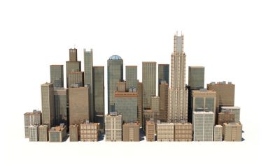 bir şehir manzarası ofis binaları ve beyaz arka plan üzerinde izole gökdelenler ile 3D render.