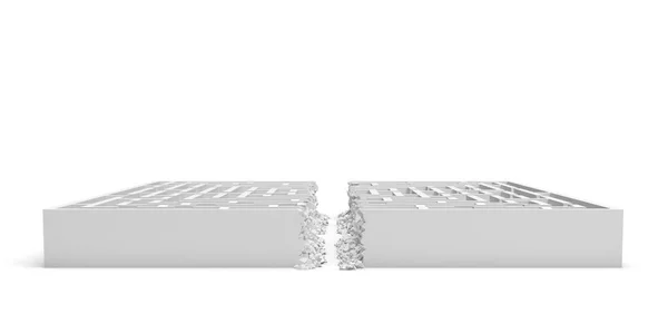3d renderização de um labirinto branco na frente vista inferior cortado em linha reta ao meio com entulho nas bordas . — Fotografia de Stock