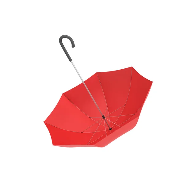 3D-Darstellung eines offenen roten Schirms mit schwarzem gebogenem Griff isoliert auf weißem Hintergrund. — Stockfoto