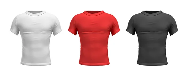 Representación 3d de tres camisetas masculinas en vista frontal realista del torso delgado en colores blanco, rojo y negro . —  Fotos de Stock