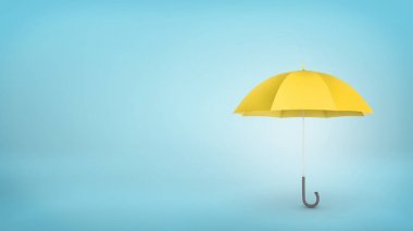 An open classic yellow umbrella with a handle vertically placed on blue background. clipart