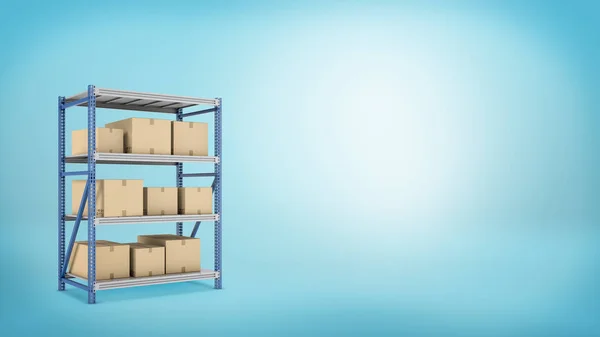 Several carton boxes placed on a metal warehouse rack on blue background. — Stock Photo, Image