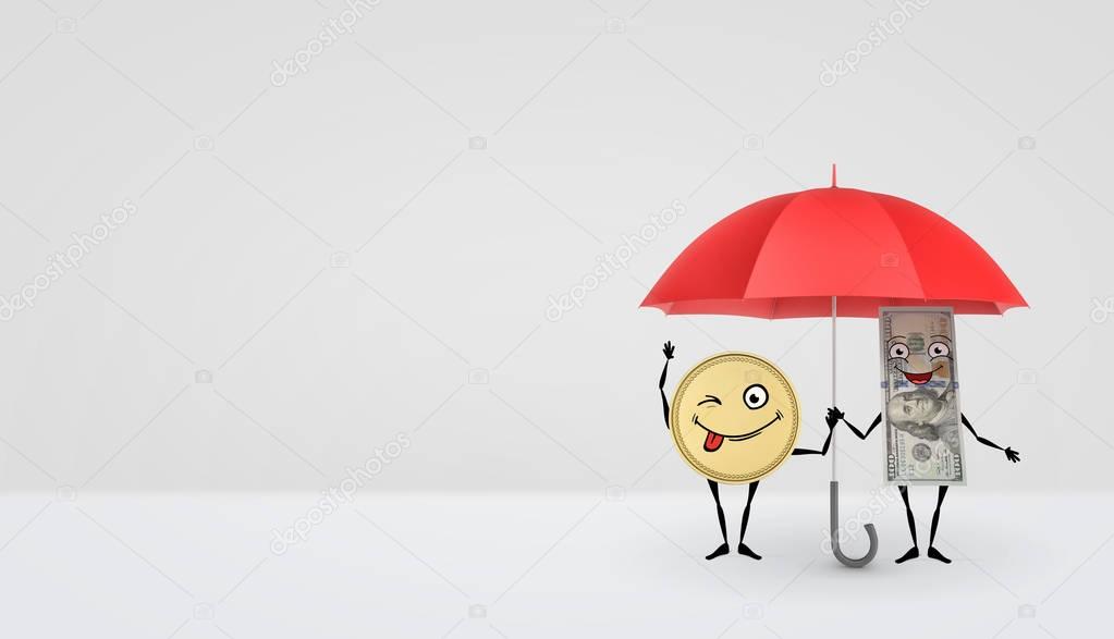A dollar bill and a golden coin with arms and legs standing under a red umbrella and smiling.