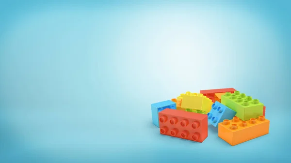 3D рендеринг нескольких разноцветных прямоугольных игрушечных блоков, лежащих в куче на синем фоне . — стоковое фото
