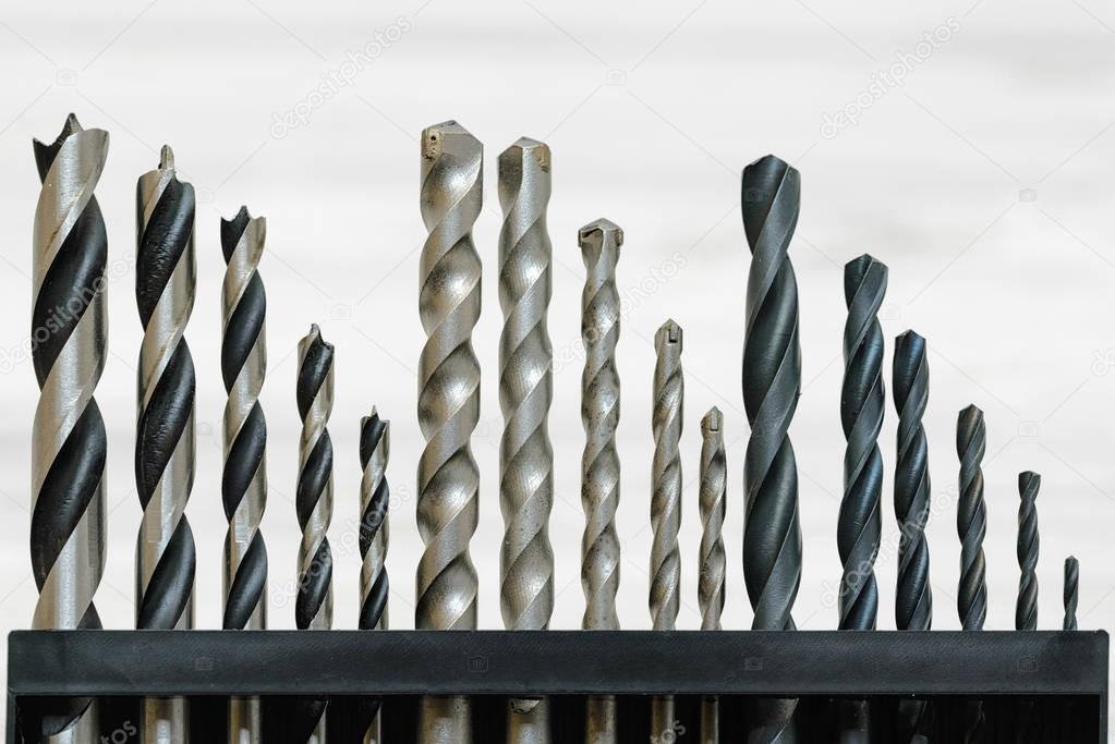 A full set of drill bits intended for metal, masonry and wood works in different sizes.