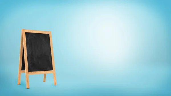 De stand van een leeg schoolbord met een houten frame op blauwe achtergrond. — Stockfoto