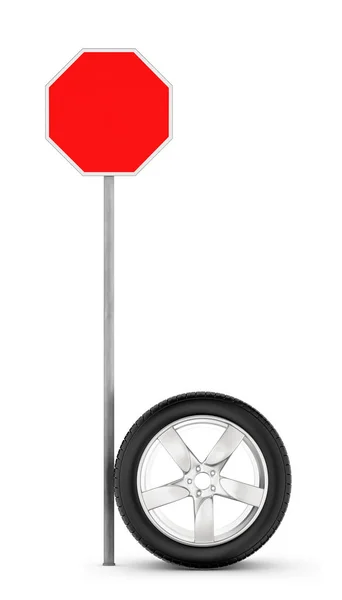 3D рендеринг одного автомобиля хромированное колесо, стоящее на его краю рядом с пустым красным дорожным знаком . — стоковое фото