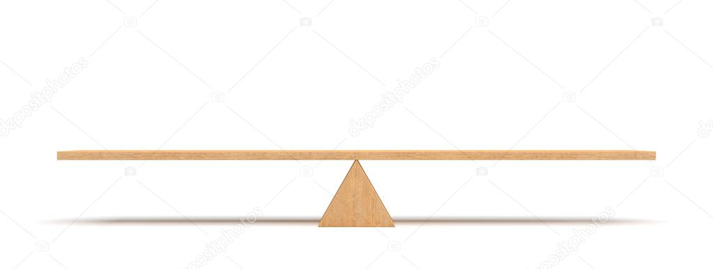 3d rendering of a wooden plank balancing on a wooden triangle isolated on white background.