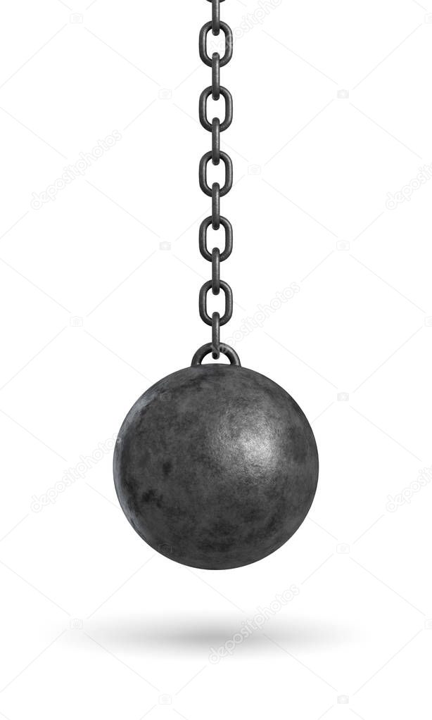 3d rendering of an ink black wrecking ball hanging from a chain isolated on white background.