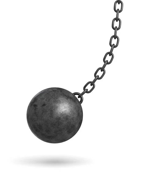 3d rendering of a dark black wrecking ball hanging from a chain and swinging in one side. — Stock Photo, Image