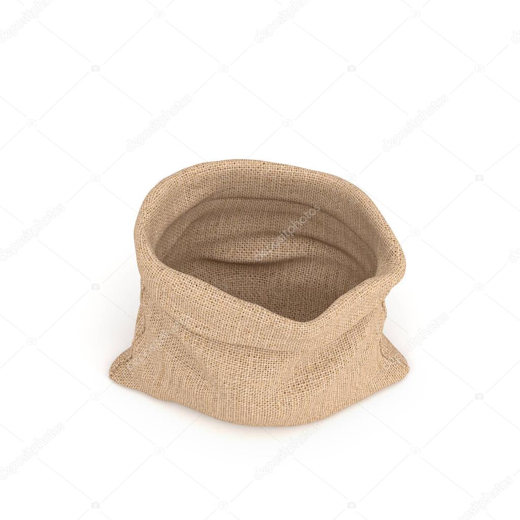 3d rendering of open burlap money bag isolated on white background.