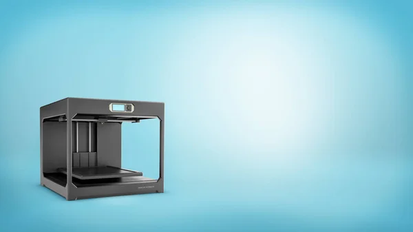 Representación 3D de una impresora 3D negra con una pantalla pequeña y una cama de impresión vacía sobre fondo azul . — Foto de Stock
