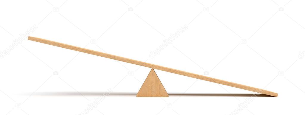 3d rendering of a light wooden seesaw with the right side leaning to the ground on white background.