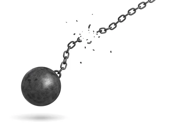 3d rendering of a black iron ball swinging and falling from a broken chain. — Stock Photo, Image