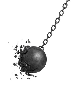 3d rendering of a black swinging wrecking ball crashing into a wall on white background. clipart