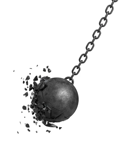 3d rendering of a black swinging wrecking ball crashing into a wall on white background. — Stock Photo, Image