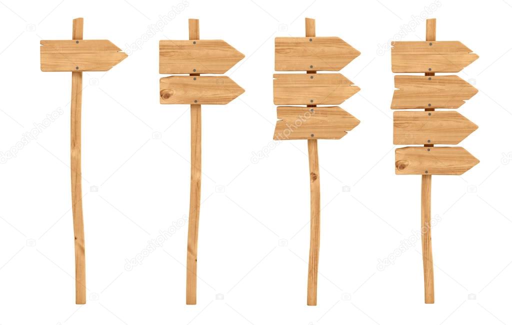 3d rendering of a wooden signpost set with one, two, three and four directional arrows attached.