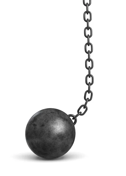 3d rendering of a black iron wrecking ball lying on the floor still attached to a chain. — Stock Photo, Image