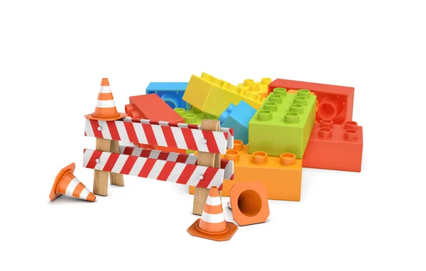 3d representación de una señal de barricada rayada junto a varios conos de tráfico de pie frente a una pila de bloques de lego colorido . — Foto de Stock