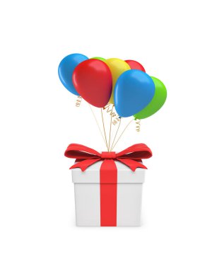 kırmızı kurdele ile kapalı beyaz hediye kutusu 3D render birkaç renkli balonlar bağlı.