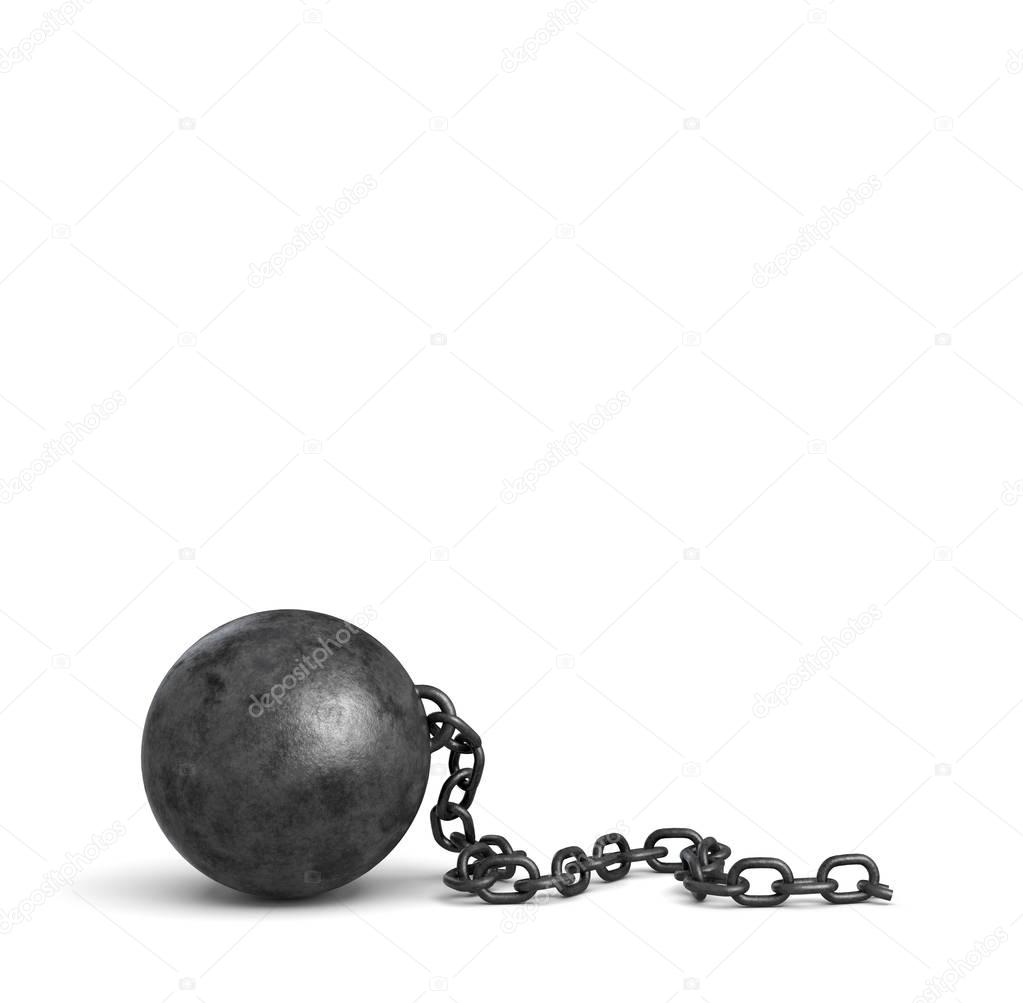 3d rendering of a large black iron ball lying down with a piece of its broken chain