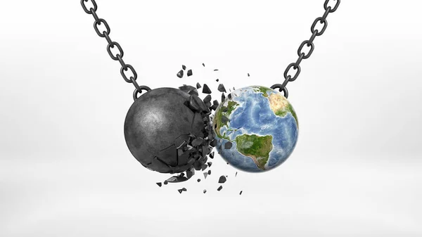 3d rendering of a black broken wrecking ball hitting an Earth globe on a black chain on white background. — Stock Photo, Image