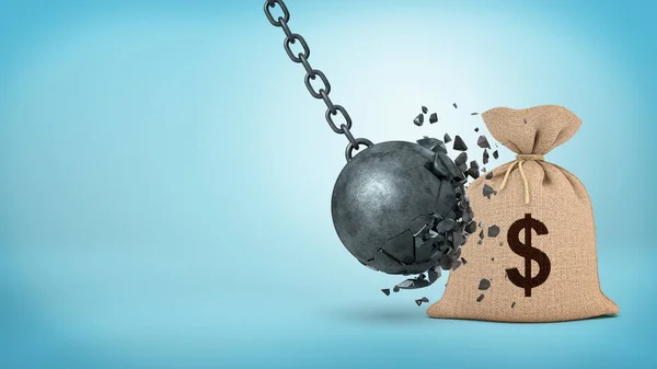 Τρισδιάστατη απεικόνιση του μια μεγάλη Ναυαγίων μπάλα χτυπήσει ένα μεγάλο hessian σάκκος με τα χρήματα και το σπάσιμο εαυτό. — Φωτογραφία Αρχείου