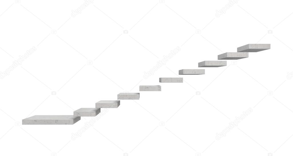 3d rendering of a grey stone staircase made of separate concrete blocks hanging in the air on white background.