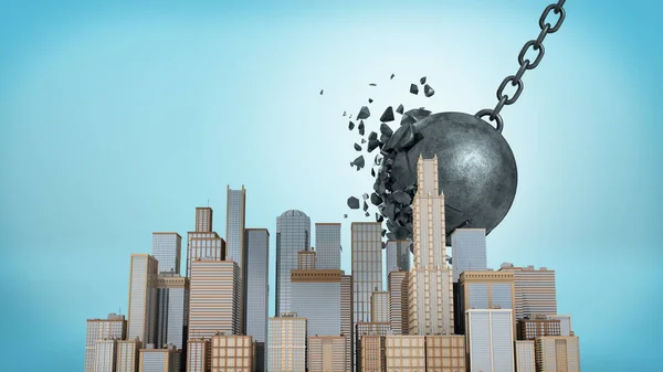 Küçük bir şehir merkezi model mavi zemin üzerine kendisi gürültüyle çarpmak sırasında düşen büyük bir yıkım topu 3D render. — Stok fotoğraf