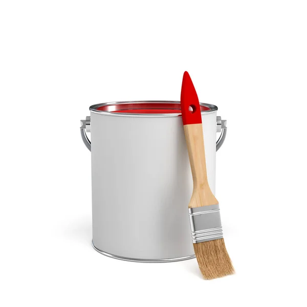 3d rendering of a red paint jar and a wooden brush with a red handle on white background. — Stock Photo, Image