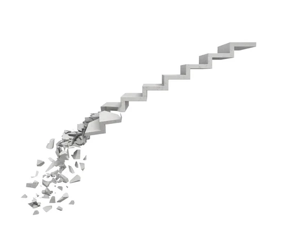 3d rendering of a long gray stone staircase with several steps broken on its base on white background. — Stock Photo, Image