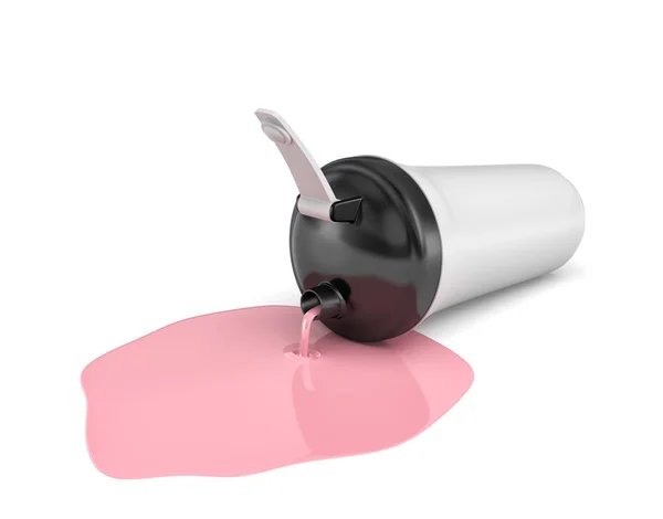 Siyah yan tarafında yalan ve beyaz arka plan üzerinde pembe süt sızıntı başlığı ile beyaz bir shaker 3D render. — Stok fotoğraf