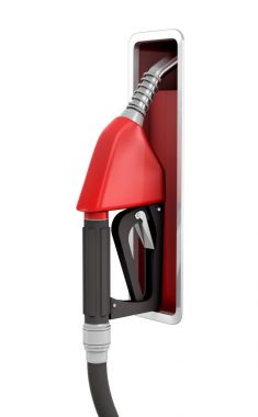 3d rendering of a new black and red fuel nozzle still attached to a holder on white background. clipart