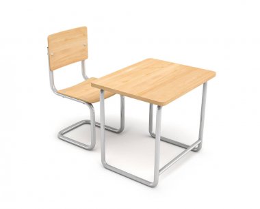 okul masa ve sandalye 3D render hem demir ve hafif ahşap beyaz arka plan üzerinde izole yapılmıştır.