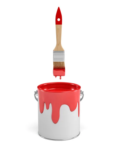 3d rendering of a red paint jar and a wooden brush with a red handle on white background. — Stock Photo, Image