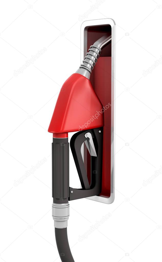 3d rendering of a new black and red fuel nozzle still attached to a holder on white background.