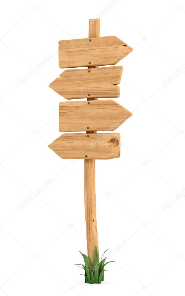 3d rendering of a wooden pole with some grass on its base and four blank arrows on the top.