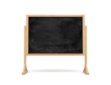 siyah dikdörtgen okul yazı tahtası beyaz arka plan üzerinde izole bir ahşap stand 3D render.