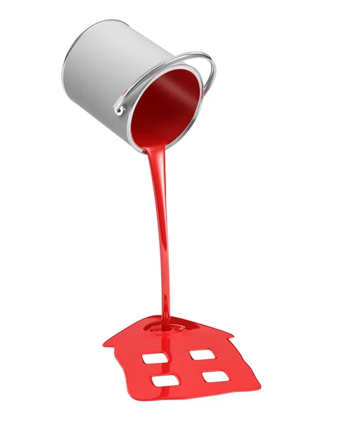 3D-Darstellung eines roten Farbeimers, der umgekippt ist und Farbe in eine Pfütze in Hausform austritt, isoliert auf weißem Hintergrund — Stockfoto
