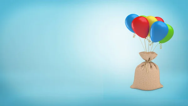 3d renderização de um grande saco cheio amarrado com um pedaço de corda e anexado a um pacote de balões coloridos . — Fotografia de Stock