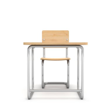 okul masa ve sandalye 3D render hem demir ve hafif ahşap beyaz arka plan üzerinde izole yapılmıştır.