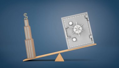 Ağır bir iş Usd işareti ile üst ve daha hafif bir güvenlik Kasası üzerinde kurma tutan mavi arka plan üzerinde ahşap bir tahterevalli.