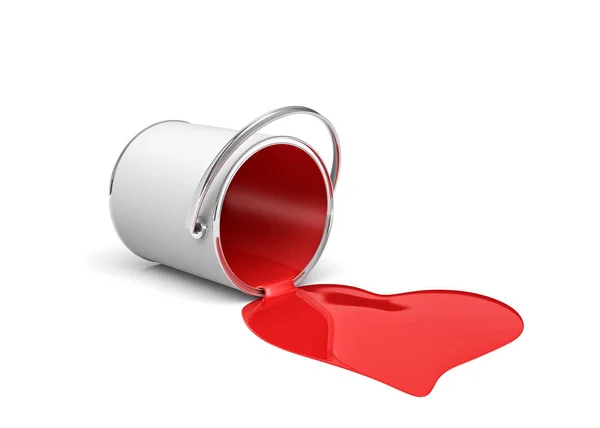 3d rendu d'un seau de peinture rouge couché sur le côté avec de la peinture qui fuit et fait forme de coeur . — Photo