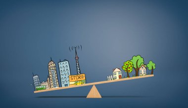 Ülke evleri çizimi overweighing kentsel yaşamın bir illüstrasyon mavi zemin üzerine ahşap bir tahterevalli.