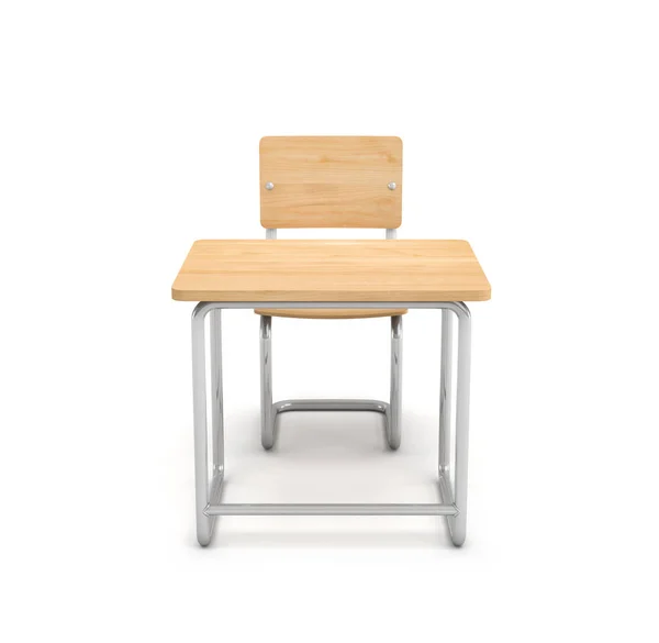 3d representación de un escritorio de la escuela y la silla, ambos están hechos de hierro y madera clara aislada sobre fondo blanco . —  Fotos de Stock