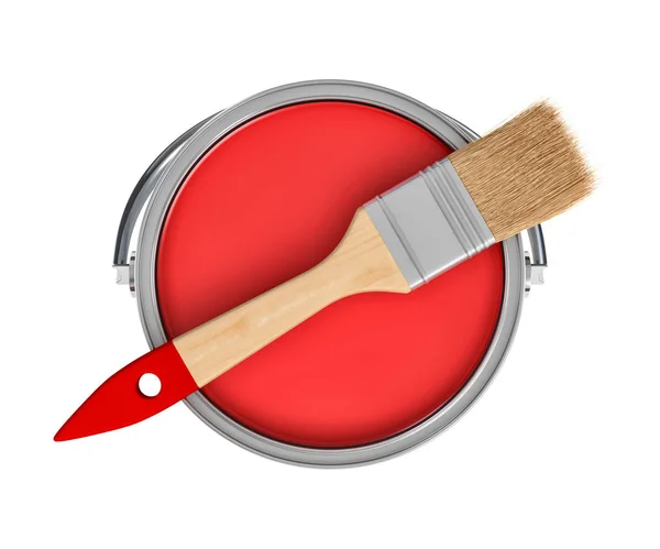 3d rendering of a red paint jar and a wooden brush with a red handle in top view on white background — Stock Photo, Image