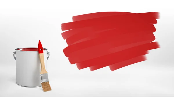 3d rendering of a new bucket of red paint with a wooden brush leaning on it beside a red spot made of brush strokes. — Stock Photo, Image