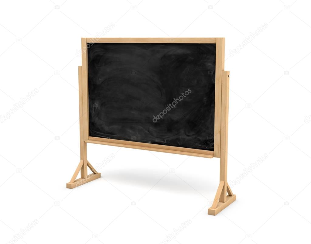 3d rendering of a black rectangle school chalkboard on a wooden stand isolated on white background.