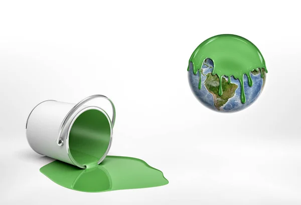 3d rendering of a overturned green paint bucket lying beside an Earth globe half covered in green paint. — Stock Photo, Image