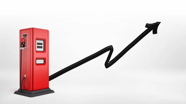 3d rendering of a red gas pump with a nozzle attached in side view on white background with a black paint brushed arrow pointing up. — Stock Photo, Image